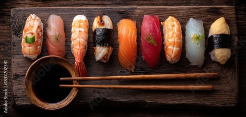 The Sushi Nigiri Platter on Rustic Wooden Board with Soy Sauce and Chopsticks
