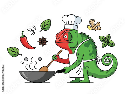 A cartoon chameleon wearing a chef's hat and apron, cooking in a wok with various ingredients floating around it.