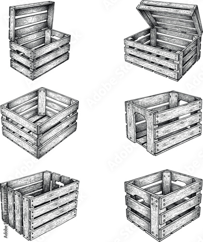 A detailed, black and white, hand-drawn sketch illustration depicting a collection of six different wooden crates or boxes, shown from various angles and orientations, including some with open lids