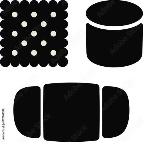 Graphic food elements: cracker, marshmallow, and capsule icons