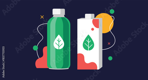 A plastic bottle and a carton of a healthy green drink with a leaf logo and modern abstract shapes in the background.