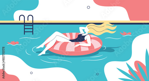 A blonde woman in a black swimsuit relaxing on an inflatable ring in a swimming pool in a modern and abstract art style.