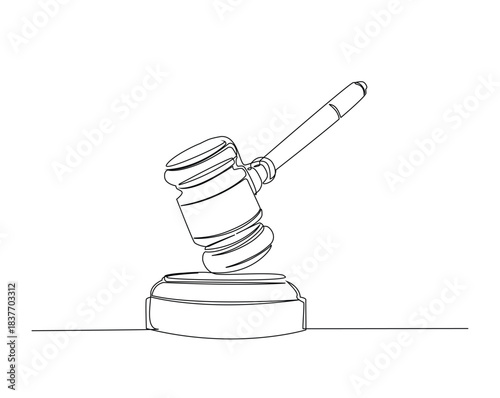 Judge's hammer over the the block outline drawing illustration. one continuous line drawing of justice hammer.