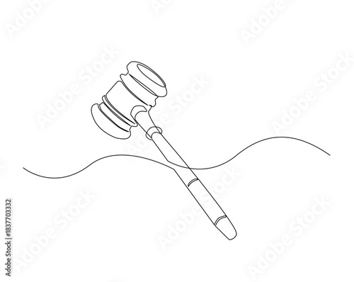 Judge's hammer over the the block outline drawing illustration. one continuous line drawing of justice hammer.