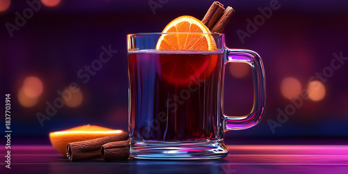 Hot mulled wine with orange slice and cinnamon sticks on table  