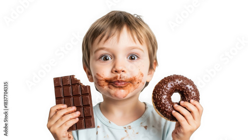 Excited little boy with chocolate smeared face joyfully holding a bitten bar and a sweet doughnut.