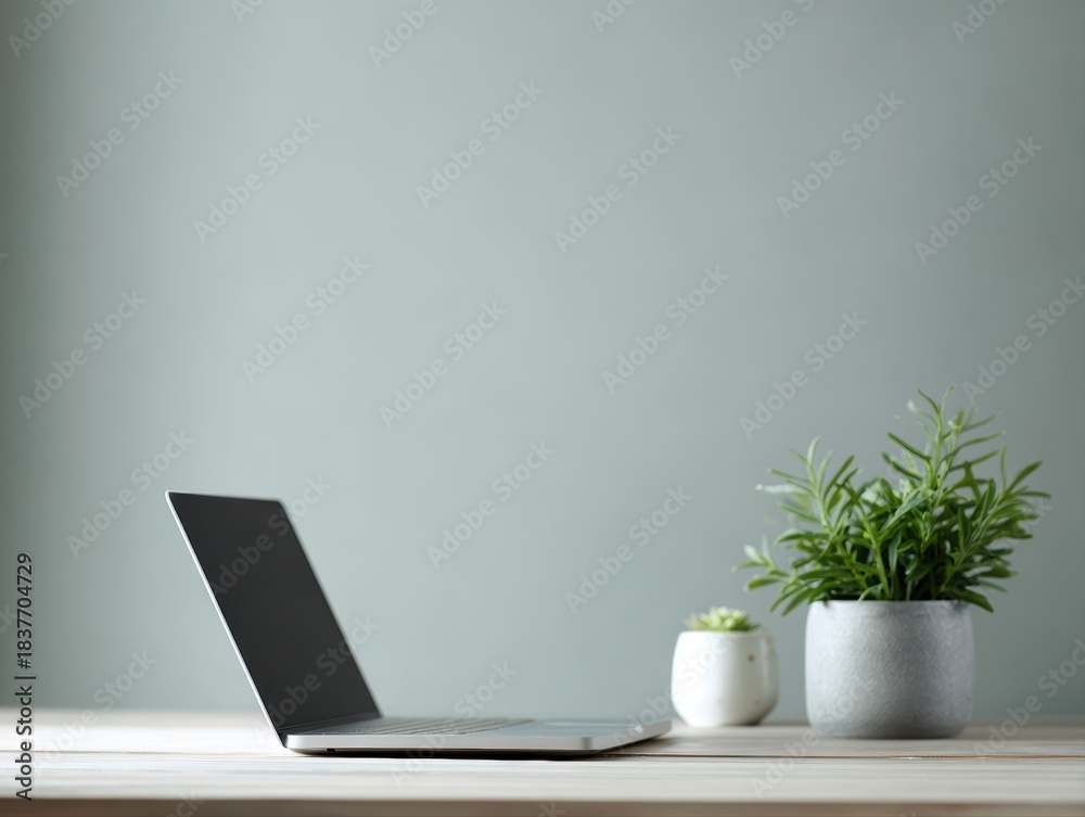 Fototapeta premium Laptop placed beside small potted plants, aesthetic clean home working environment