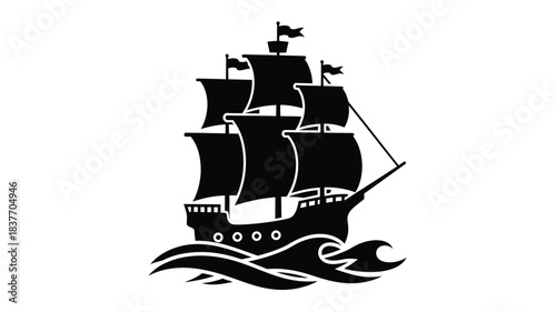Detailed black ship with waving flags sailing on ocean waves silhouette