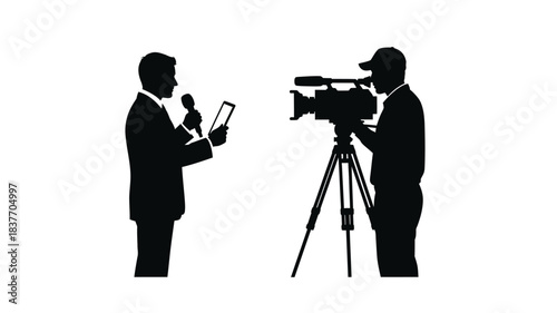 Interview in progress a reporter and cameraman captured in black silhouette