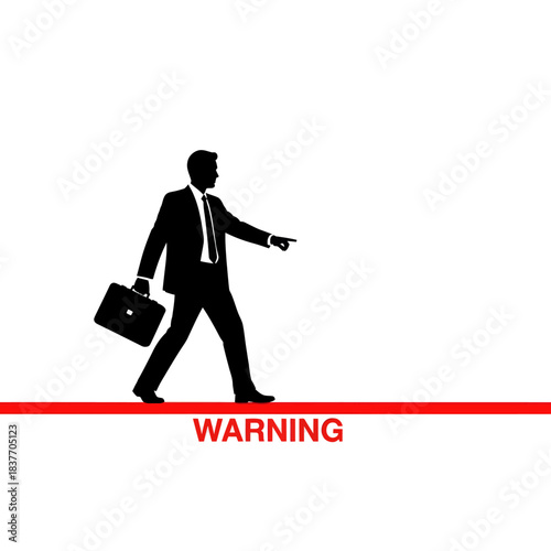 Silhouette of a Businessman Walking on a Warning Line with Briefcase.