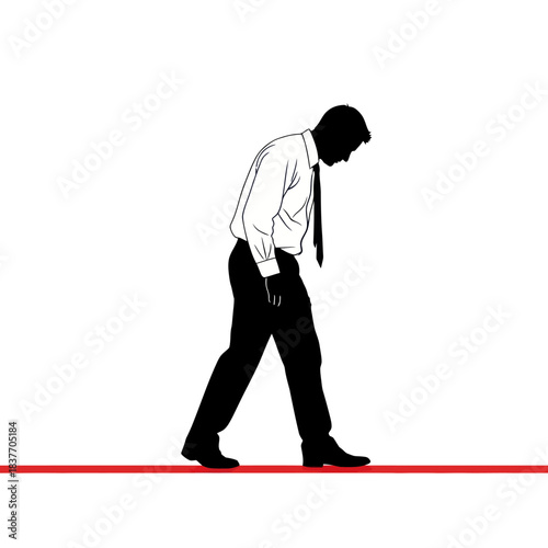 Silhouette of a man walking on a thin red line.