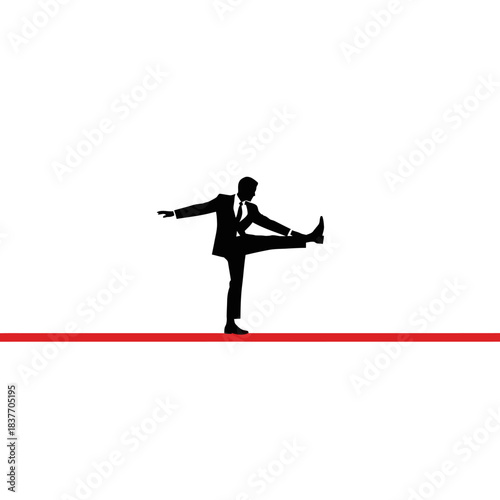 Silhouette of a businessman performing a balancing act on a red line.