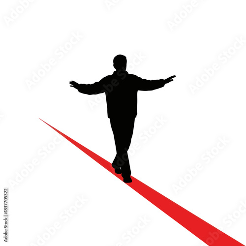 Silhouette of a person carefully walking a thin red line.