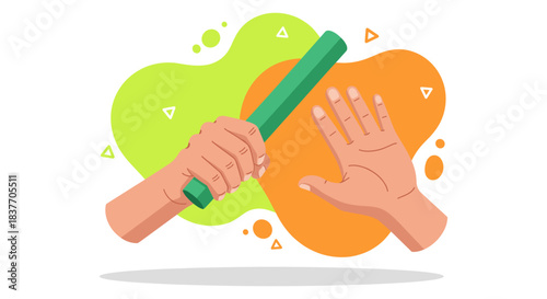 A vibrant flat vector illustration showing two hands engaged in a dynamic relay baton pass. This graphic represents concepts of teamwork, successful handover, seamless corporate succession planning, c
