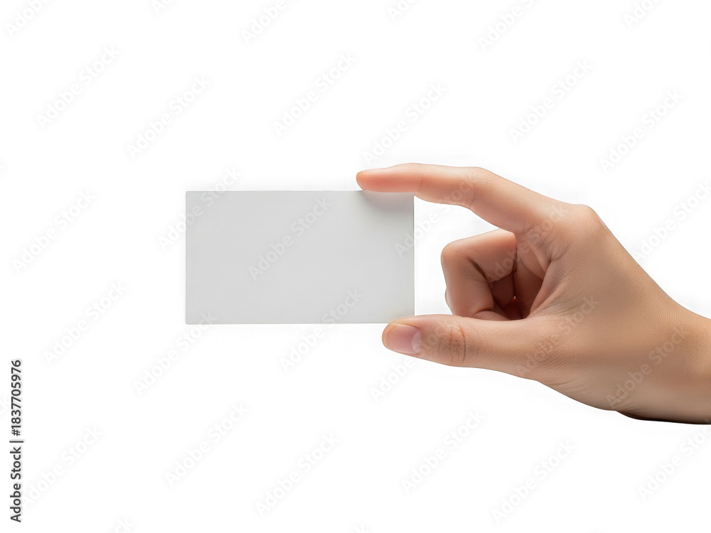 Fototapeta premium Hand holding blank white rectangular card for presentation of information, text, or graphic design