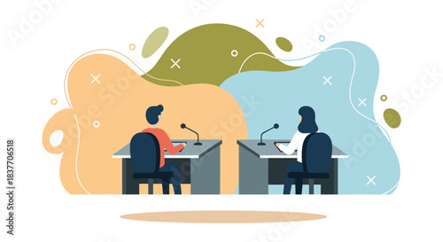 Modern flat vector illustration depicting two anonymous figures—a man and a woman—sitting at separate desks with microphones. They are engaged in a serious conversation, interview, or political debate