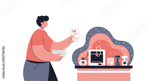A minimalist flat vector illustration depicting a customer finalizing a purchase or transaction at a retail counter. The individual is holding receipts or documents near a desk laden with purchased it