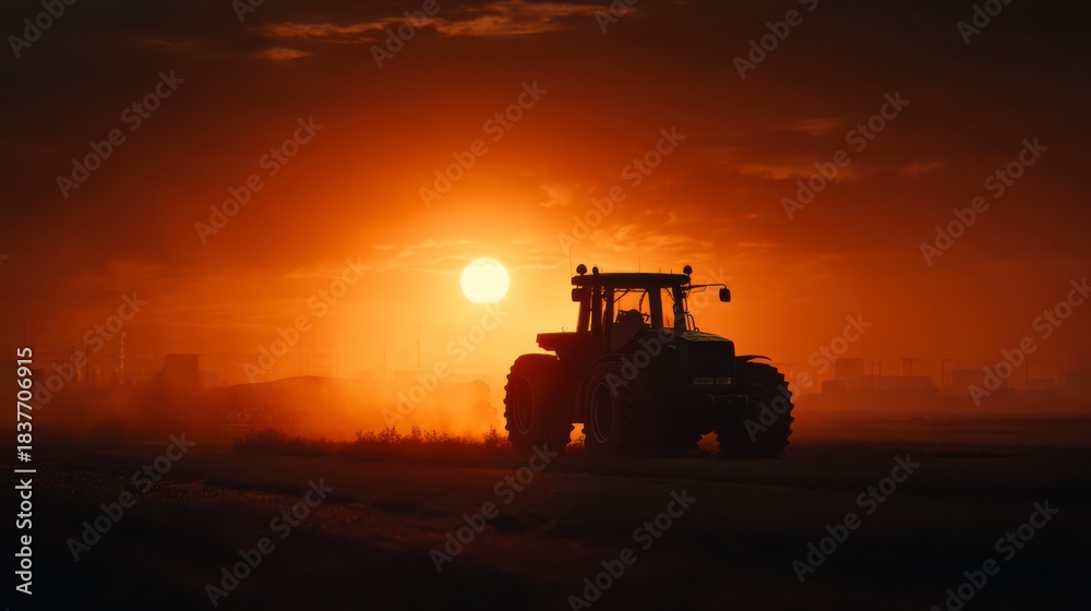 Fototapeta premium A solitary tractor stands as a silhouette against the breathtaking backdrop of a setting sun. The rich hues of orange and red paint the sky.