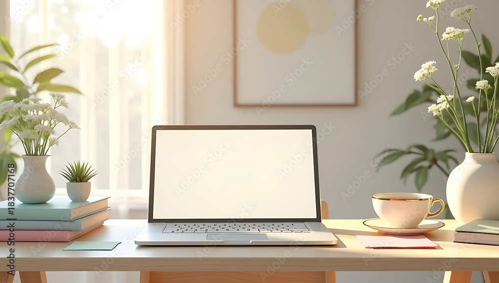 Fototapeta premium A pastel-themed home office setup featuring a digital tablet on a desk, surrounded by soft-colored sticky notes, gentle abstract shapes in the background, small indoor plants, and a cup of warm tea.