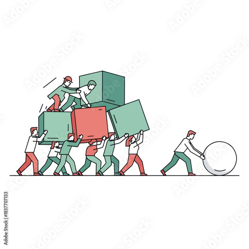 Teamwork and efficiency in business with people moving boxes and a sphere.