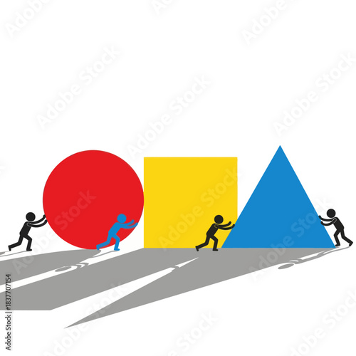 People pushing different geometric shapes uphill, illustrating teamwork and problem-solving.