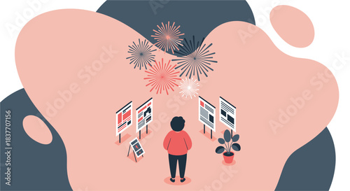 Abstract vector illustration showing a person standing beneath stylized virus shapes, analyzing multiple informational boards displaying data or statistics related to a global pandemic or health crisi