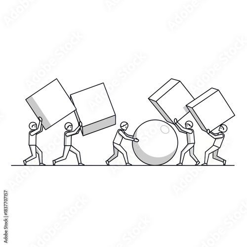 People pushing and pulling large geometric shapes, illustrating teamwork and problem-solving.