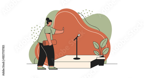 Modern flat vector illustration depicting a speaker standing beside a small stage setup, preparing to deliver a presentation or speech while holding notes. The scene features a microphone stand, abstr