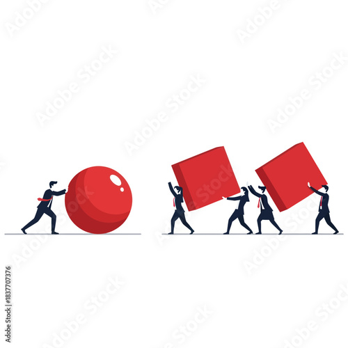 Businessmen pushing a red sphere and red cubes, illustrating efficient and inefficient work methods.
