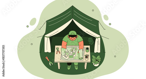 Flat design vector illustration showing a dedicated professional worker reviewing a tactical map or engineering blueprint inside a green field tent. This graphic symbolizes strategic planning, field o