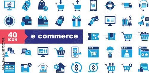e commerce flat blue icon set