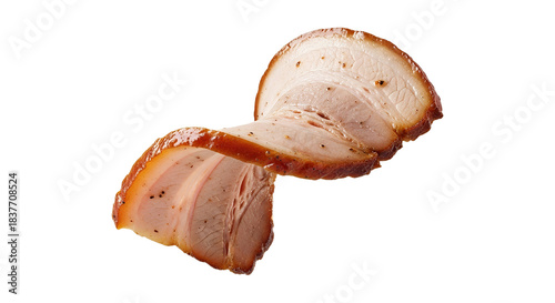 Delectable pork belly slices featuring a tempting glaze and intricate marbling details, presented on a clean, neutral backdrop to enhance the