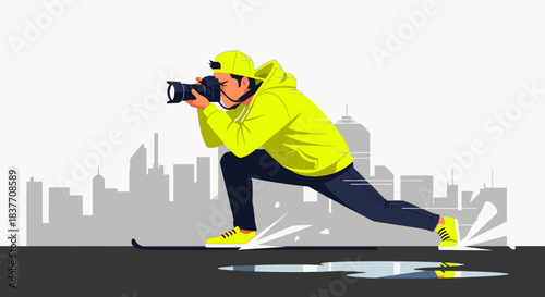 A dynamic illustration captures a modern photographer in a vibrant yellow hoodie and cap, actively crouching to snap a picture against a blurred city skyline.