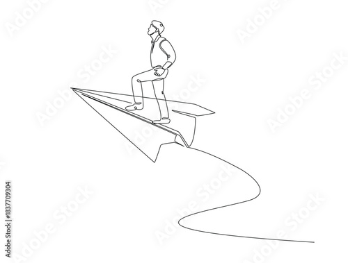 Continuous one line drawing of Successful Businessman Riding Paper Airplane for Career Growth and Ambition.