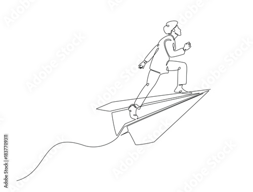 Continuous one line drawing of Successful Businessman Riding Paper Airplane for Career Growth and Ambition.