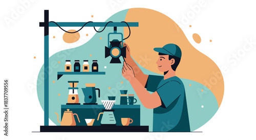 A vibrant vector illustration depicting a male technician or professional adjusting a studio spotlight mounted on a rigging stand above a stylized coffee preparation counter. The scene showcases the i
