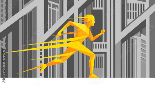 A dynamic golden figure, rendered with geometric precision, streaks through an abstract urban landscape, symbolizing rapid progress and modern efficiency.