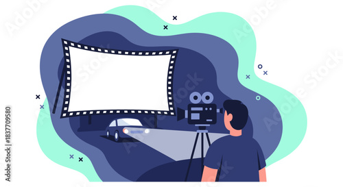 An abstract, layered vector illustration depicting a nighttime drive-in movie theater experience. A man stands operating a vintage film projector, casting light onto a large, blank cinema screen borde