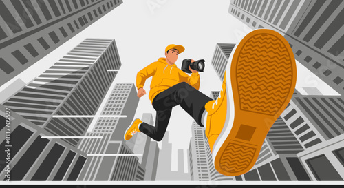 An energetic photographer in yellow, camera in hand, leaps through an urban cityscape, captured with a low-angle view, symbolizing creative action.