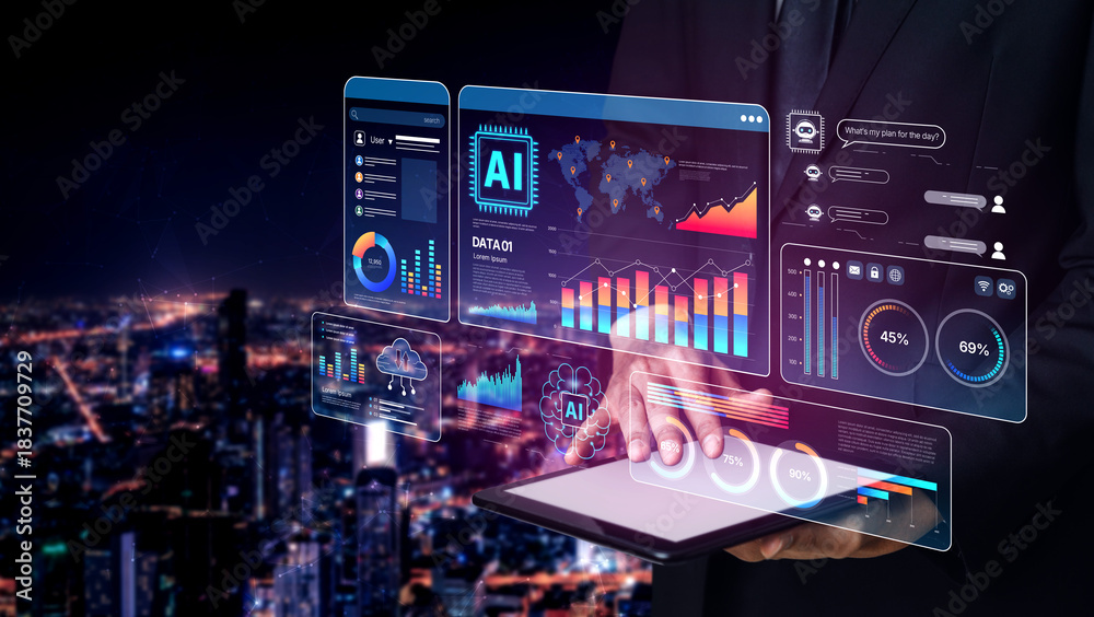 Fototapeta premium AI Assistant Brain Processor with LLM Technology, Big Data, Machine Learning, Generative AI for Business Support, Future Agentic AI Technology and Artificial Intelligence Prompt Engineering. Spline