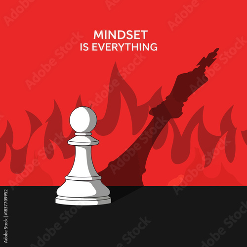 A single white pawn casts a large shadow of a king chess piece symbolizing potential and mindset.