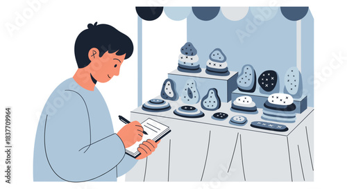 A stylized blue illustration depicting a young male entrepreneur diligently checking his merchandise displayed on a vendor table at a craft market or fair. He is holding a clipboard and pen, reviewing