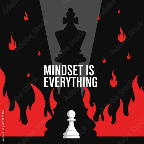 Chess pawn facing a king with mindset is everything text and flames.
