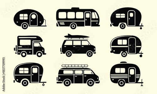 RV, Caravan, and Camper Van Vector Set, Black and White Camper and Motorhome Icons, Retro Caravan and Recreational Vehicle Illustrations, Travel Trailer and Minivan Silhouettes, silhouette, vector.