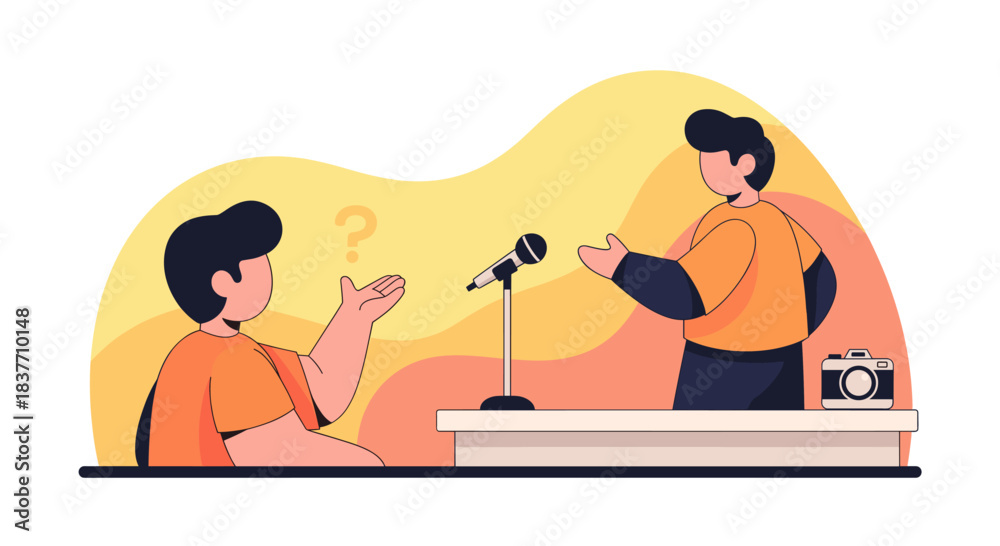Fototapeta premium Modern flat vector illustration depicting a public speaking event or interview. Two male characters are seated or standing around a desk with a microphone, symbolizing a Q&A session, press conference,