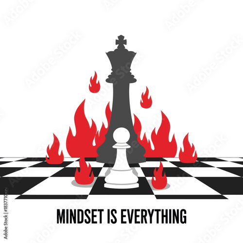 Pawn and King Chess Pieces on Fire Symbolizing Mindset.