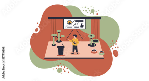 Detailed flat vector illustration showing a speaker addressing an audience on a stage during a professional conference. The male presenter is wearing a protective face mask and standing near a podium 
