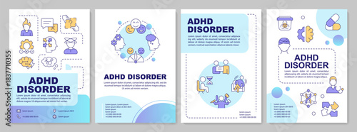 ADHD disorder blue gradient brochure layout. Mood control, mental health. Leaflet advertising design with color line icons. Editable 4 pages. Arial-Bold, Myriad Pro-Regular fonts used