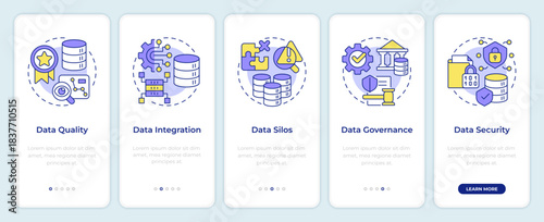 Business intelligence challenges onboarding mobile app screen. Walkthrough 5 steps editable graphic instructions with linear concepts. UI, UX, GUI. Montserrat SemiBold, Regular fonts used