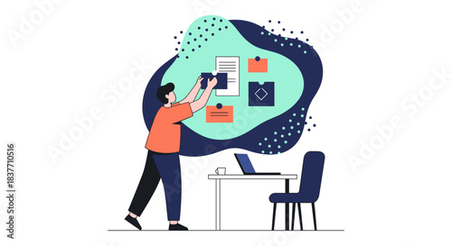 A modern vector illustration showing a person organizing tasks and ideas on a large, abstract planning board using sticky notes and documents. The scene includes an office setting with a laptop, symbo